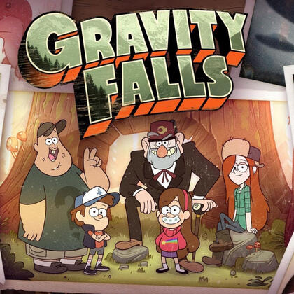Official art for Gravity Falls. It is a group photo, featuring an elderly man,