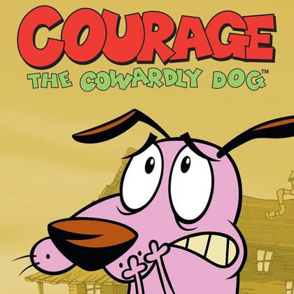Official art for Courage the Cowardly Dog. Courage is a cartoony pink dog with a large brown nose. He is anxious, a cabin seen behind him.