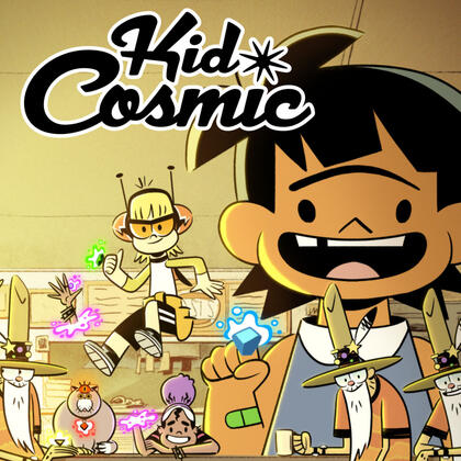 Official art for Kid Cosmic. There are several characters turned to the camera and smiling. They are wearing rings with chunky stones of various colors, each showing off a different power.