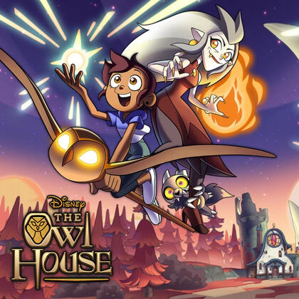Official art for The Owl House. It shows Luz, a teenage Afro-Latina girl, Eda, a pale middle-aged witch, and King, a small dog-like demon with a skull head. They are flying on a staff, a dusky landscape behind them.