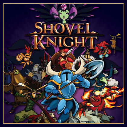 Cover art for Shovel Knight. It shows a group of cartoony knights, varying in size, color, and weapon. In front is Shovel Knight himself, wearing his horned, blue helmet, and brandishing his shovel.