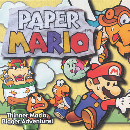 Cover art for Paper Mario. It features several characters, included a goomba, koopa, boo, Mario, and Bowser.