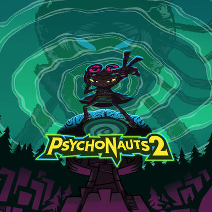 Cover art for Psychonauts 2. It features Raz, a skinny boy striking an action pose. He is standing on top of a brain-like building, purple cliffs surrounding it. The sky swirls with teal psychic energy, a silhouette of a tall woman looming in the mist.