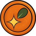 A digital drawing of a wax stamp. It is orange with subtle star-shaped glitter and particles. In the center is a yellow sparkle with a green leaf in the top right.