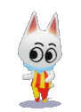 A gif of Blanca from Animal Crossing. She is a white, anthro cat wearing a red and yellow clown costume. She has eyes drawn onto her face, wide and looking to the side. She is doing a shimmying dance.