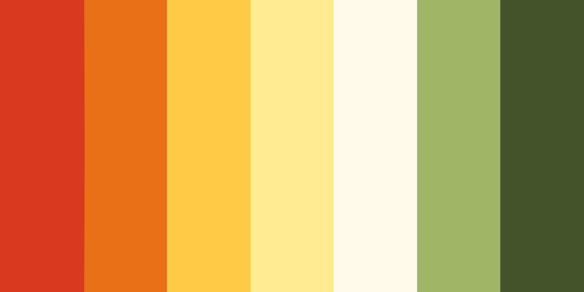 A color palette made of vertical stripes. From left to right they are red, orange, yellow, light yellow, cream, light green, and green.